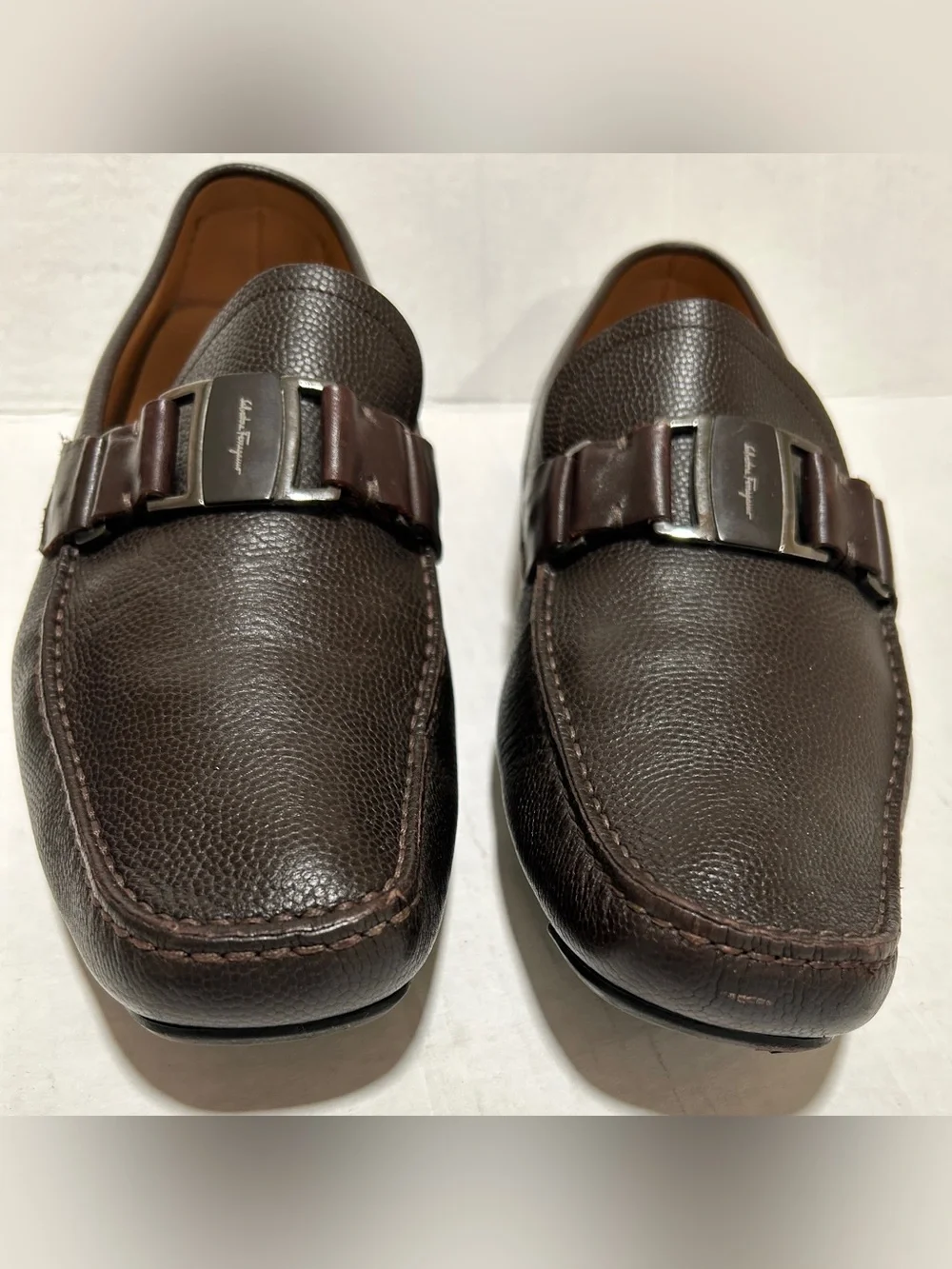 Salvatore Ferragamo Dark Brown Pebbled Leather Bit Loafers
